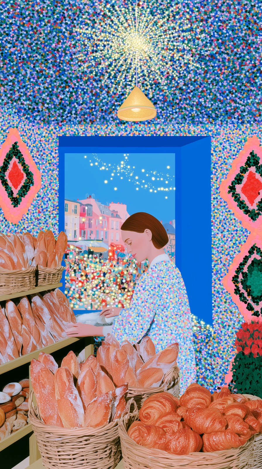 Pointillist bakery scene with a person near bread shelves and a glowing city window.