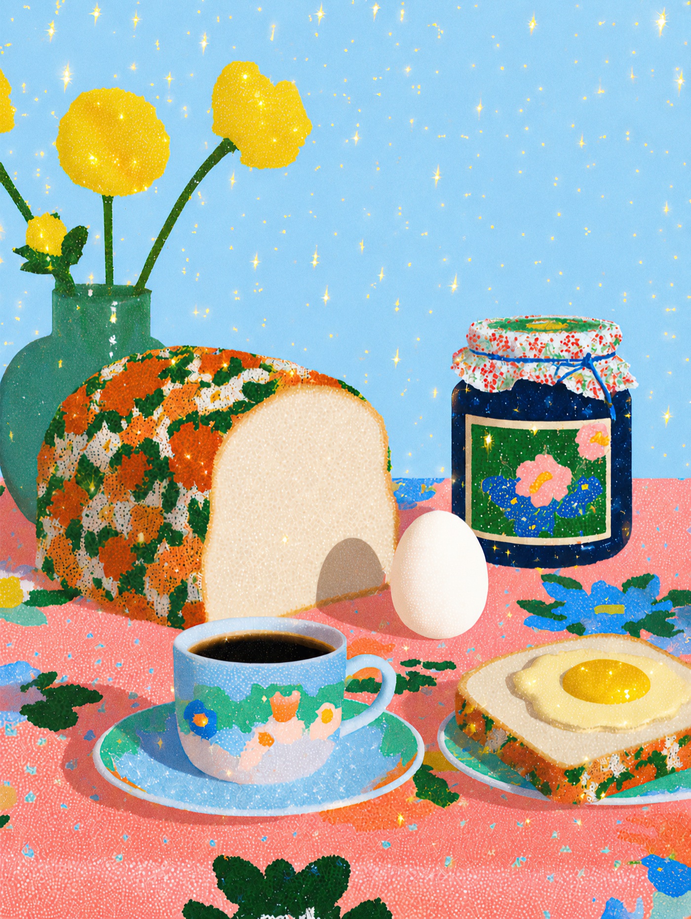 Pointillist breakfast still life with bread, flowers, coffee, egg, and jam.