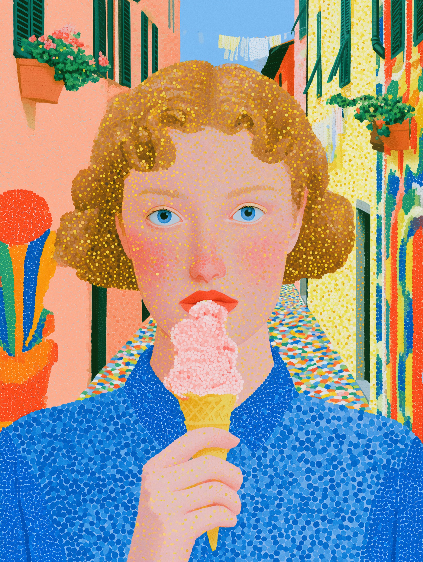 Pointillist portrait of a person holding an ice cream cone in a colorful street scene.