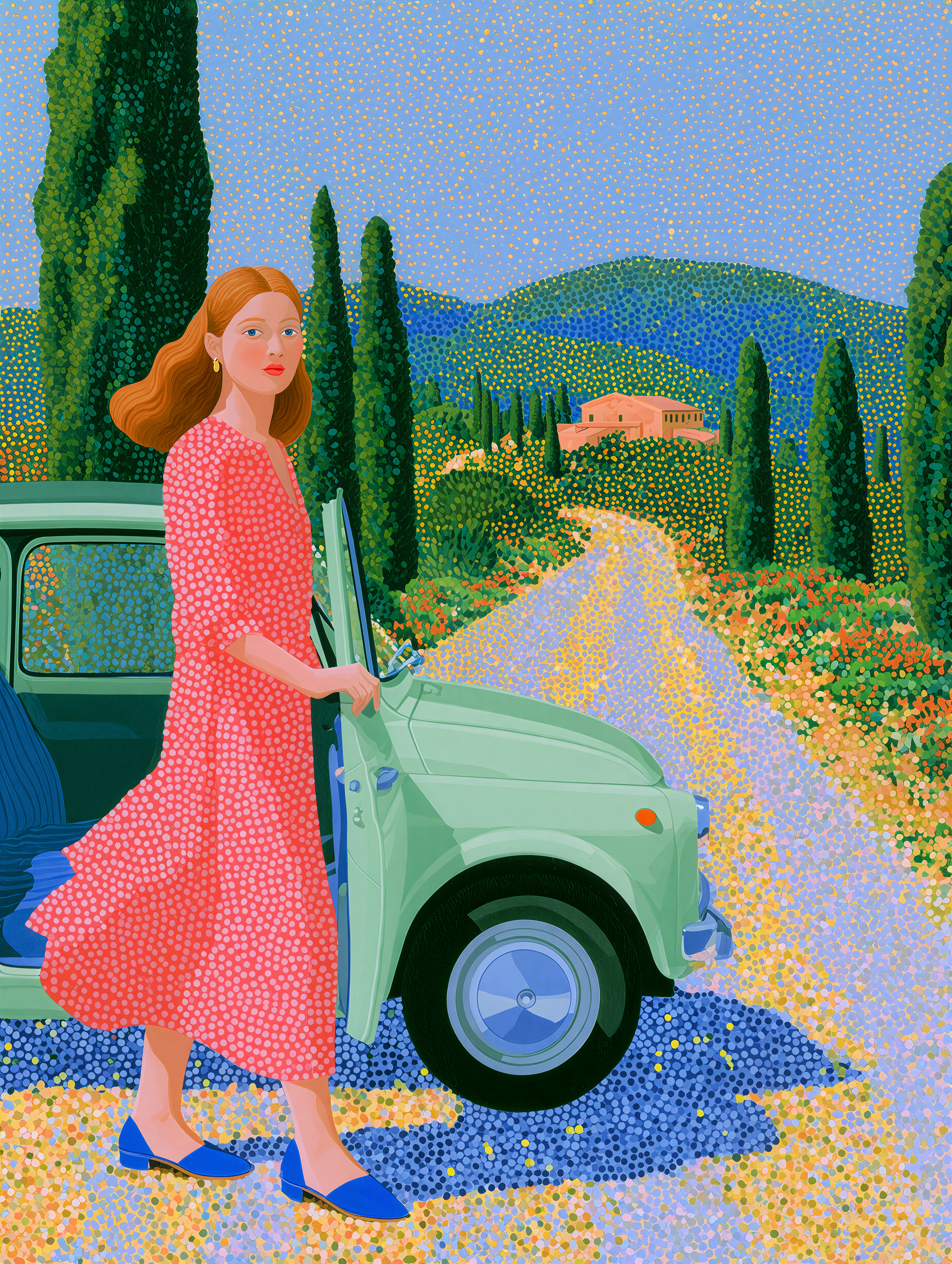 Confetti Life artwork from the Val d'Orcia series, showing a woman beside a small green car on a sunlit Tuscan road.