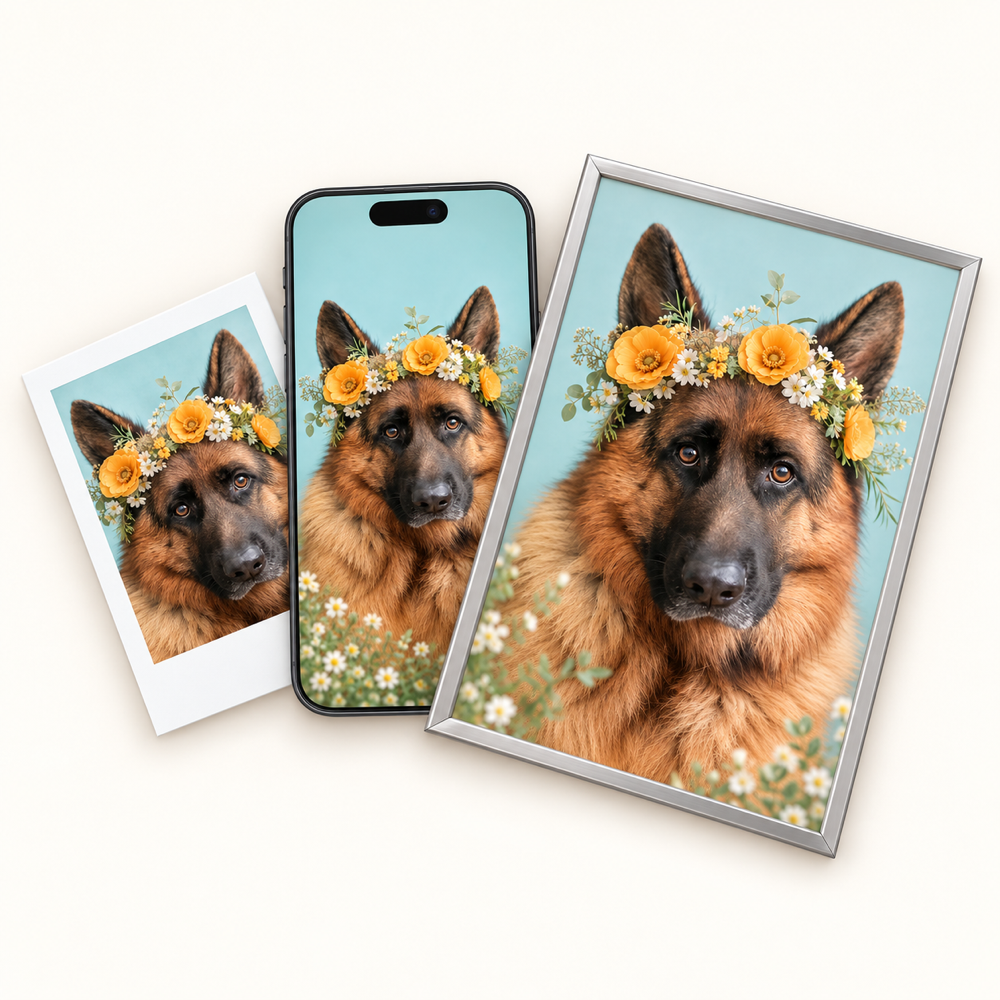 Custom flower-crown pet portrait shown as an A4 poster, phone wallpaper, and framed artwork.