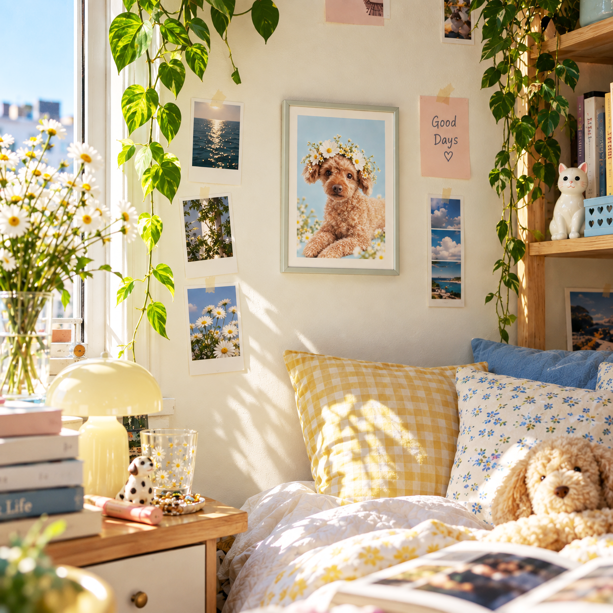Custom pet portrait displayed in a bright interior with framed artwork and flowers.